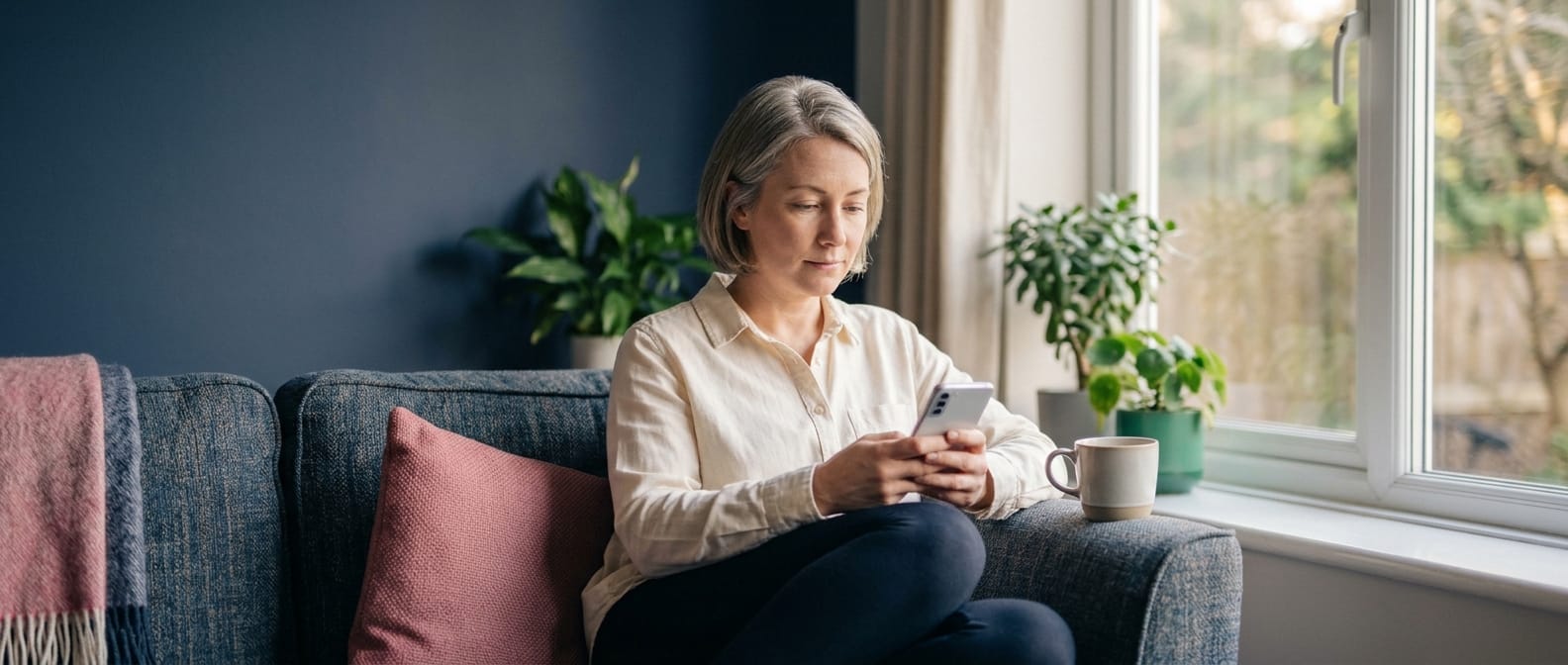 A woman reading on her phone in a calm, softly lit room
