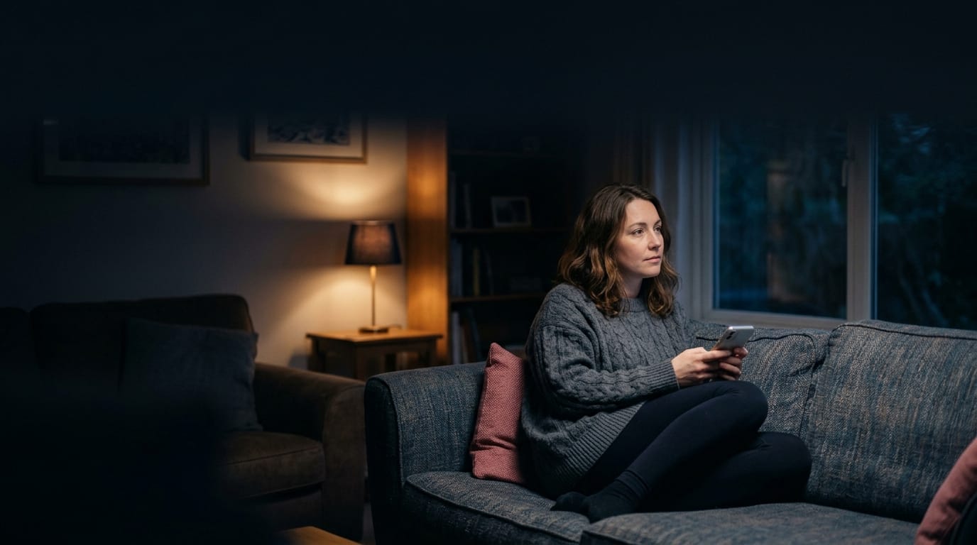 A woman on a sofa at night, lit by her phone, in a dim living room